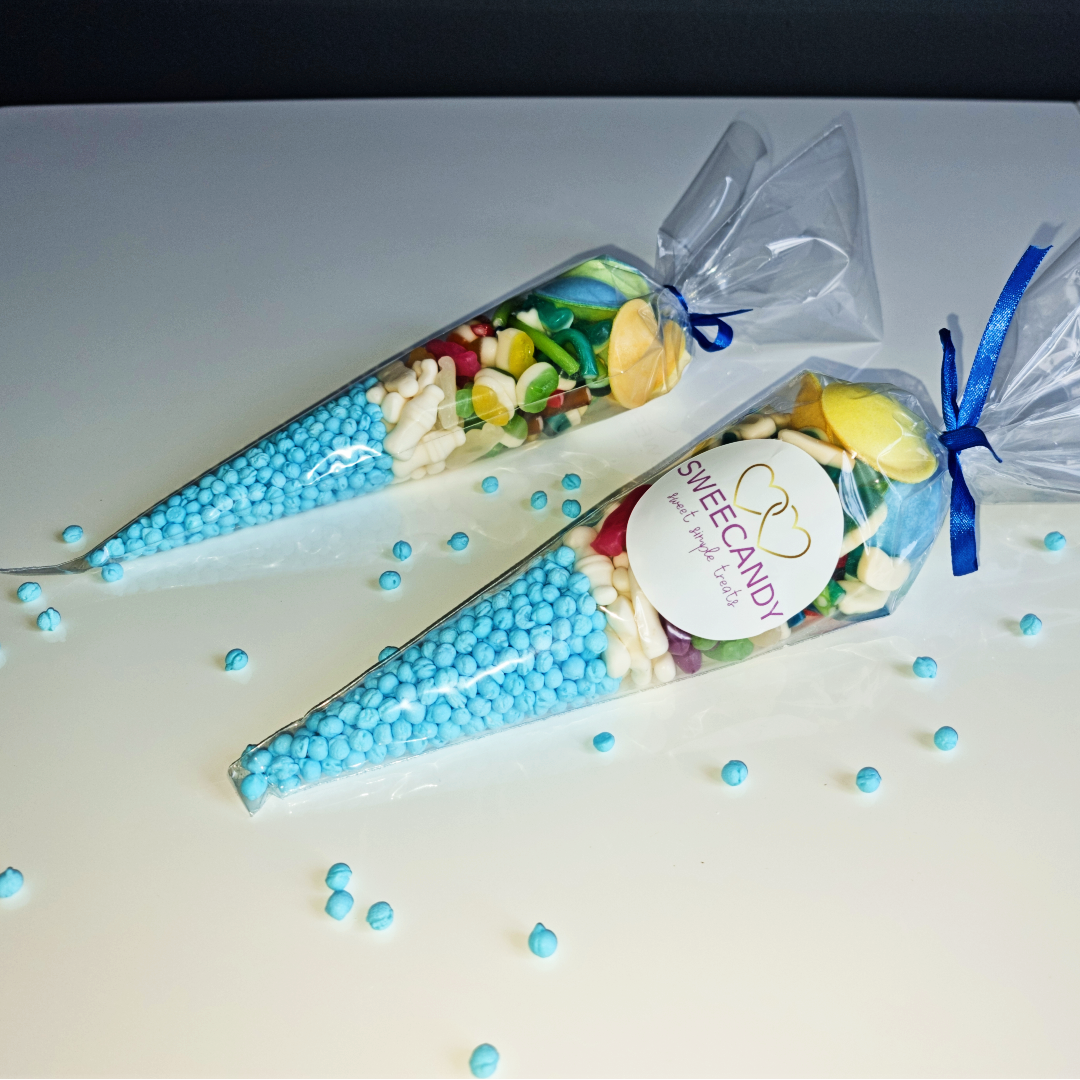 Blue candy cones full of sweets